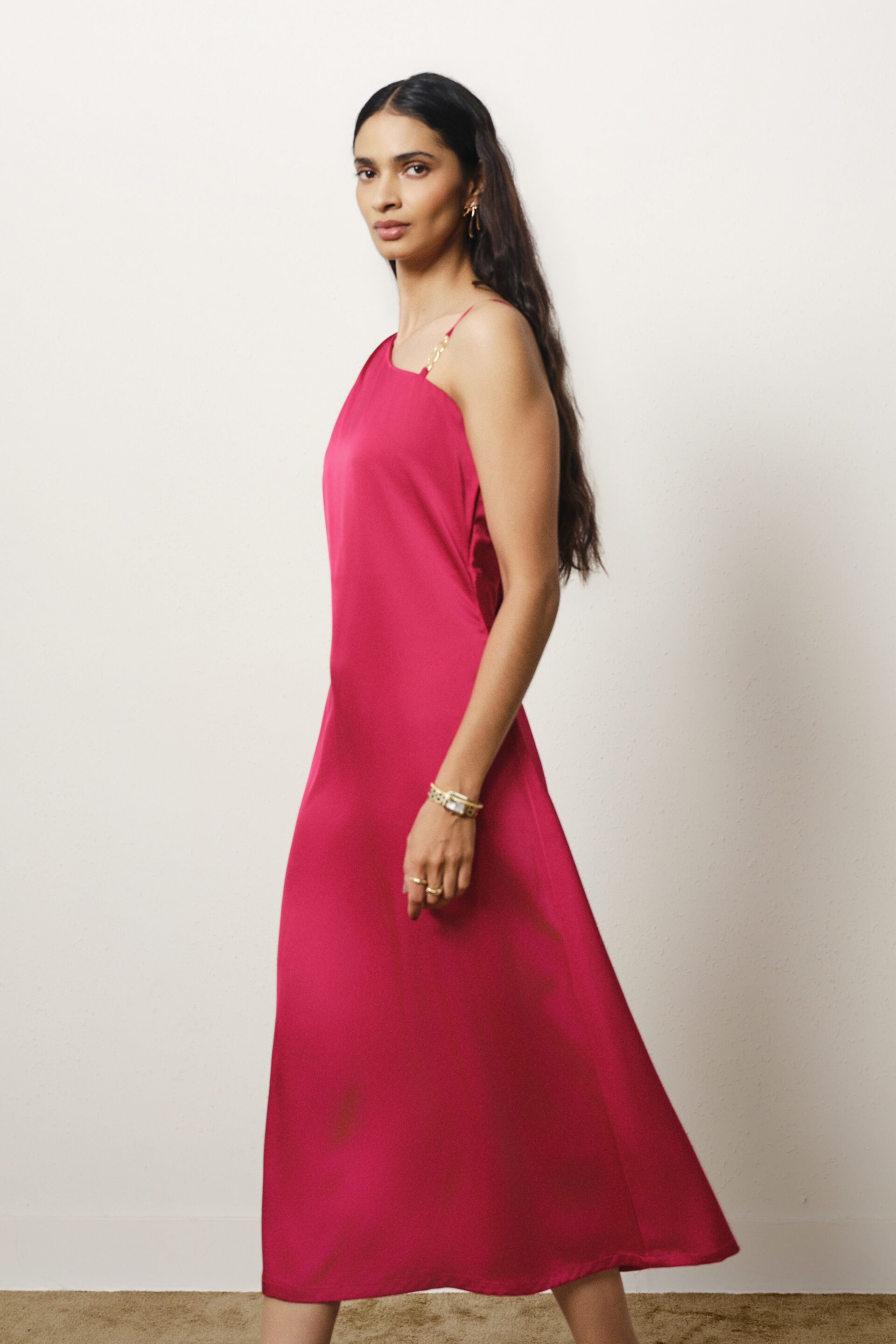 One-shoulder Satin Midi Dress in Red, Red, image 4