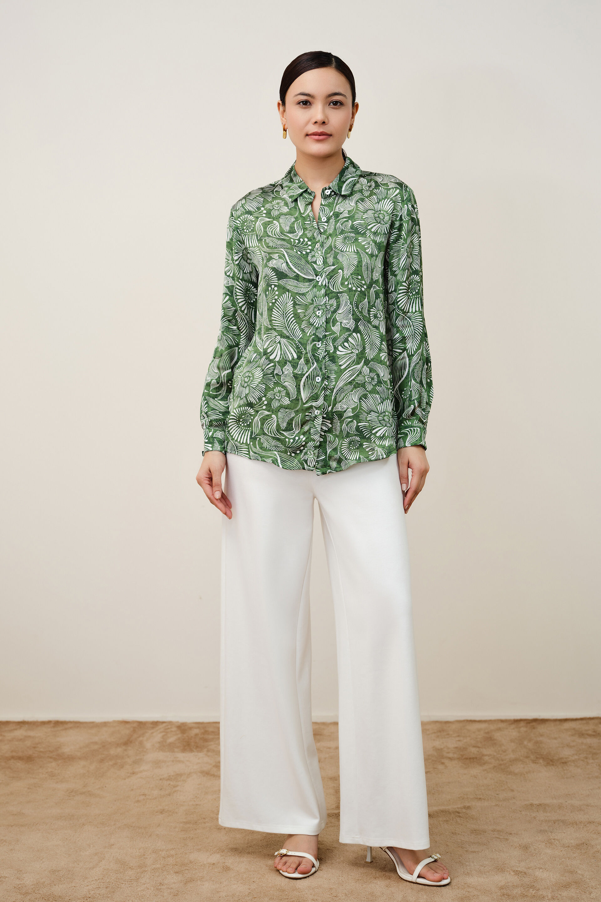 Modal Green Satin Floral Shirt, Green, image 3
