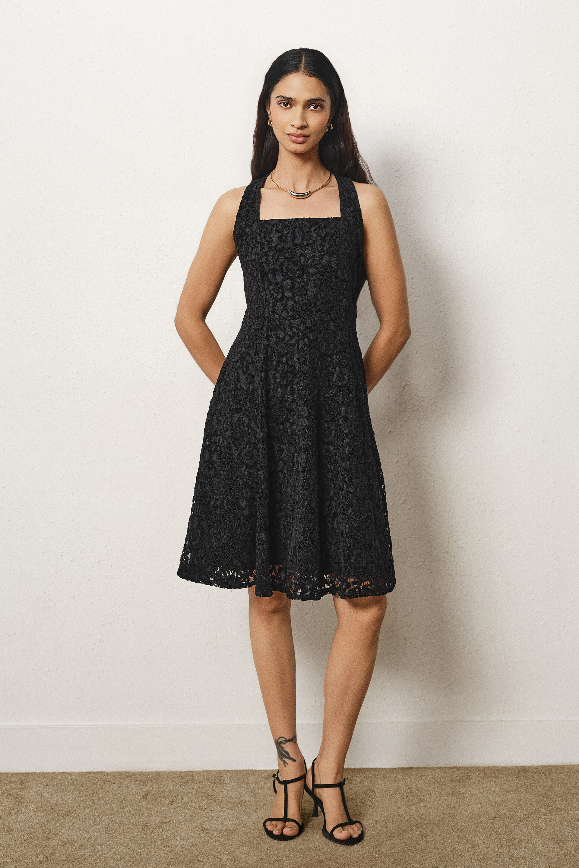 Lace Halter Dress in Black