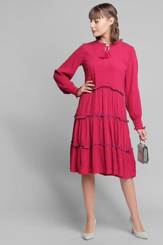 4 - Pink A-Line Puff Sleeves Knee Length Dress, image 4