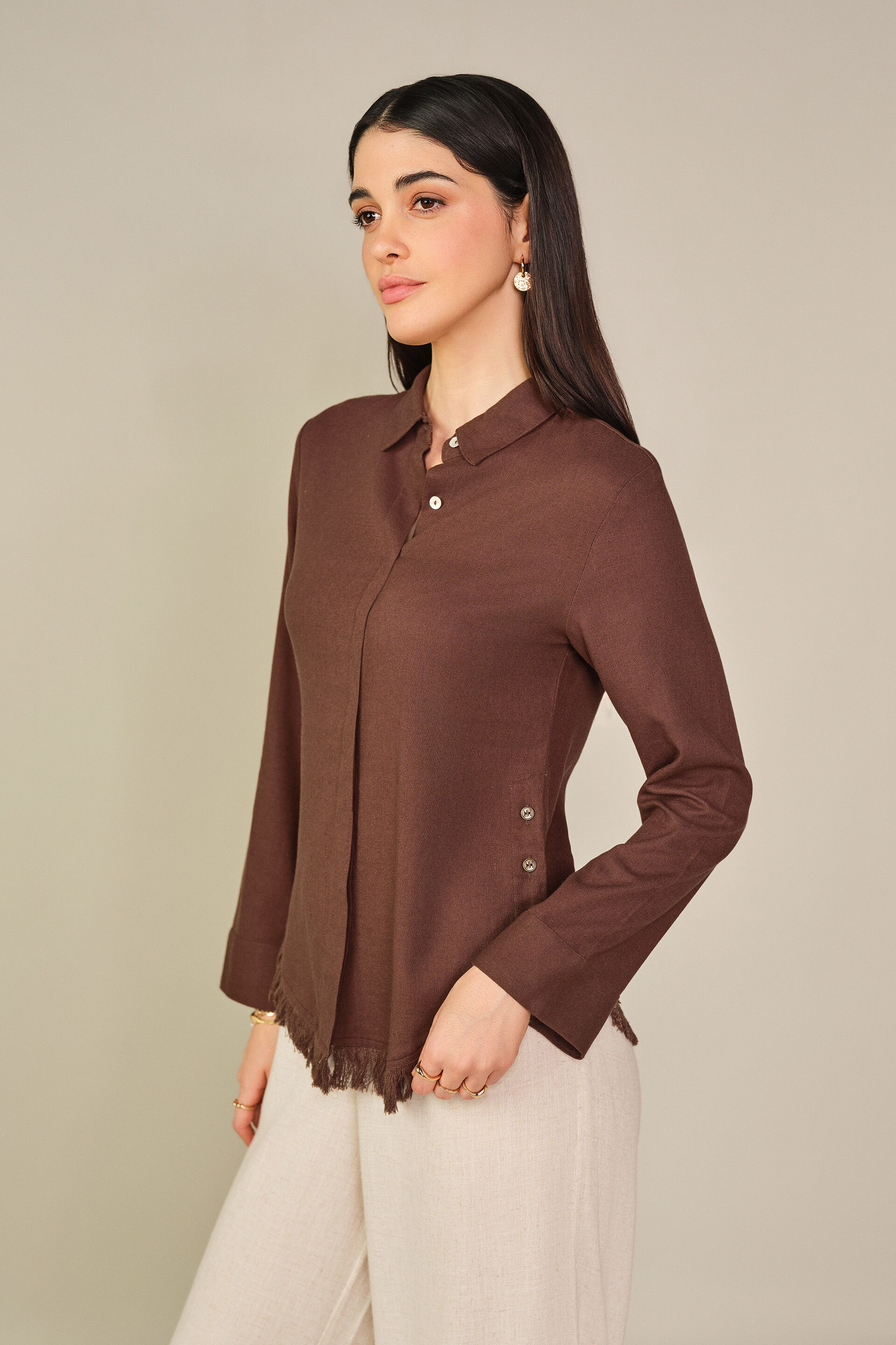 Solid Ruffle Detail Shirt in Brown, Brown, image 4