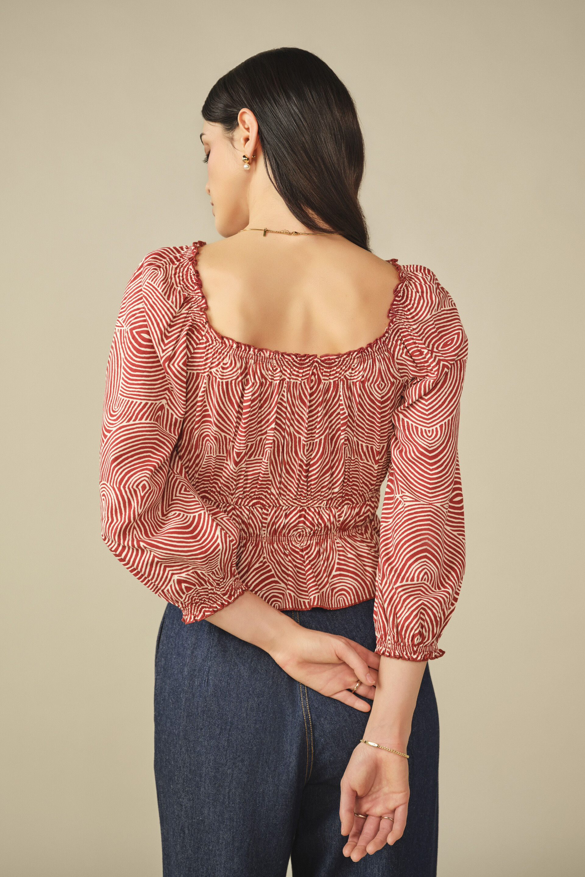 Abstract Printed Smocked Top in Wine, Wine, image 6