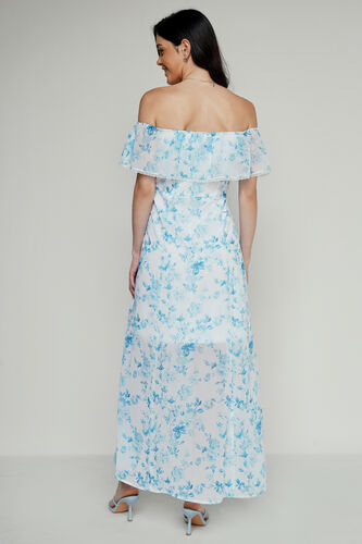 White And Blue Floral Flared Gown, White, image 4