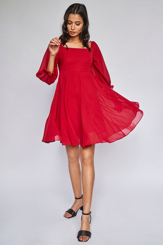 Red Solid Fit and Flare Dress, Red, image 1