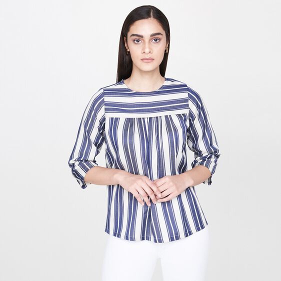6 - Ecru Stripes Round Neck Blouse Top, image 6