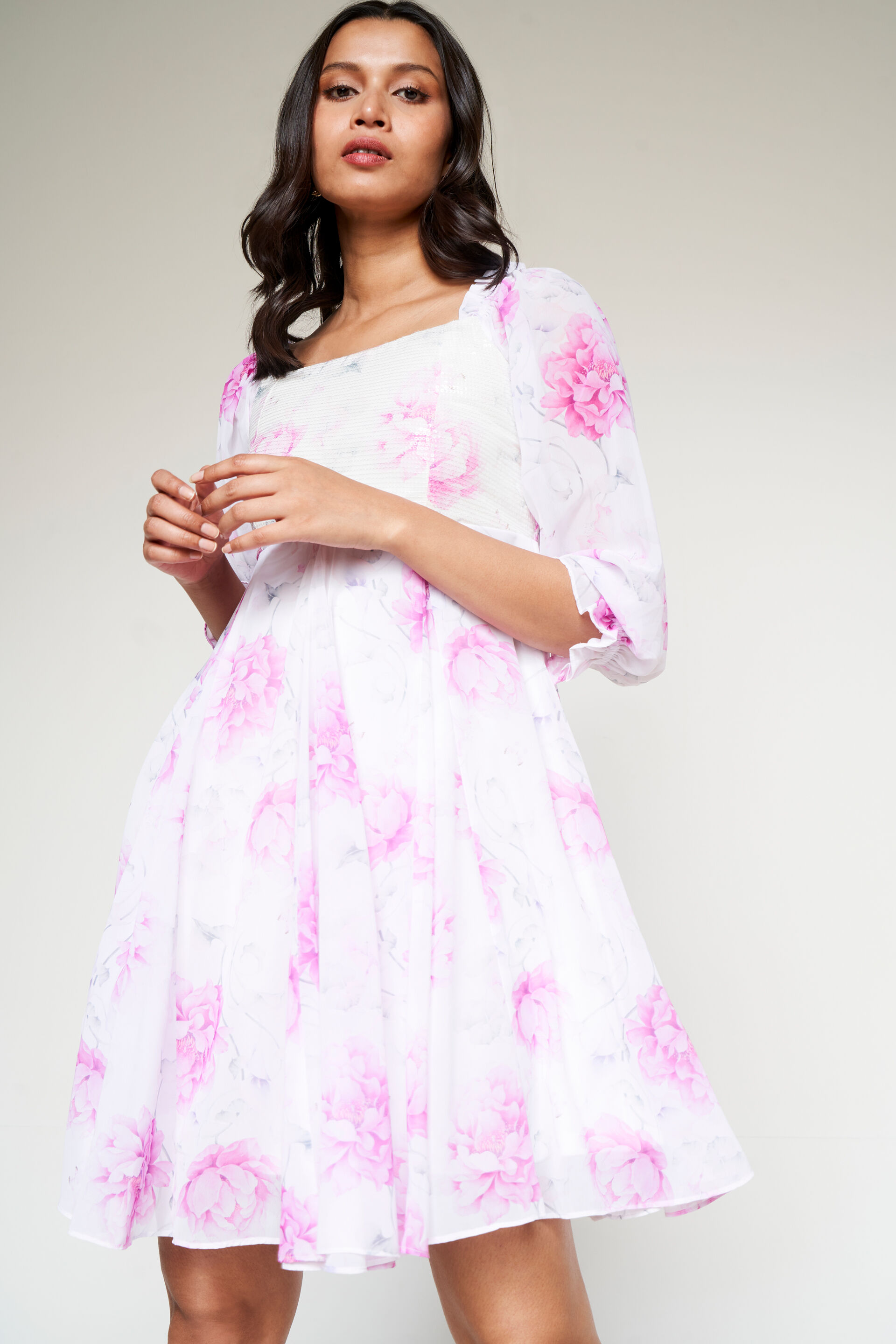 Floral Sequinned Dress, White, image 3