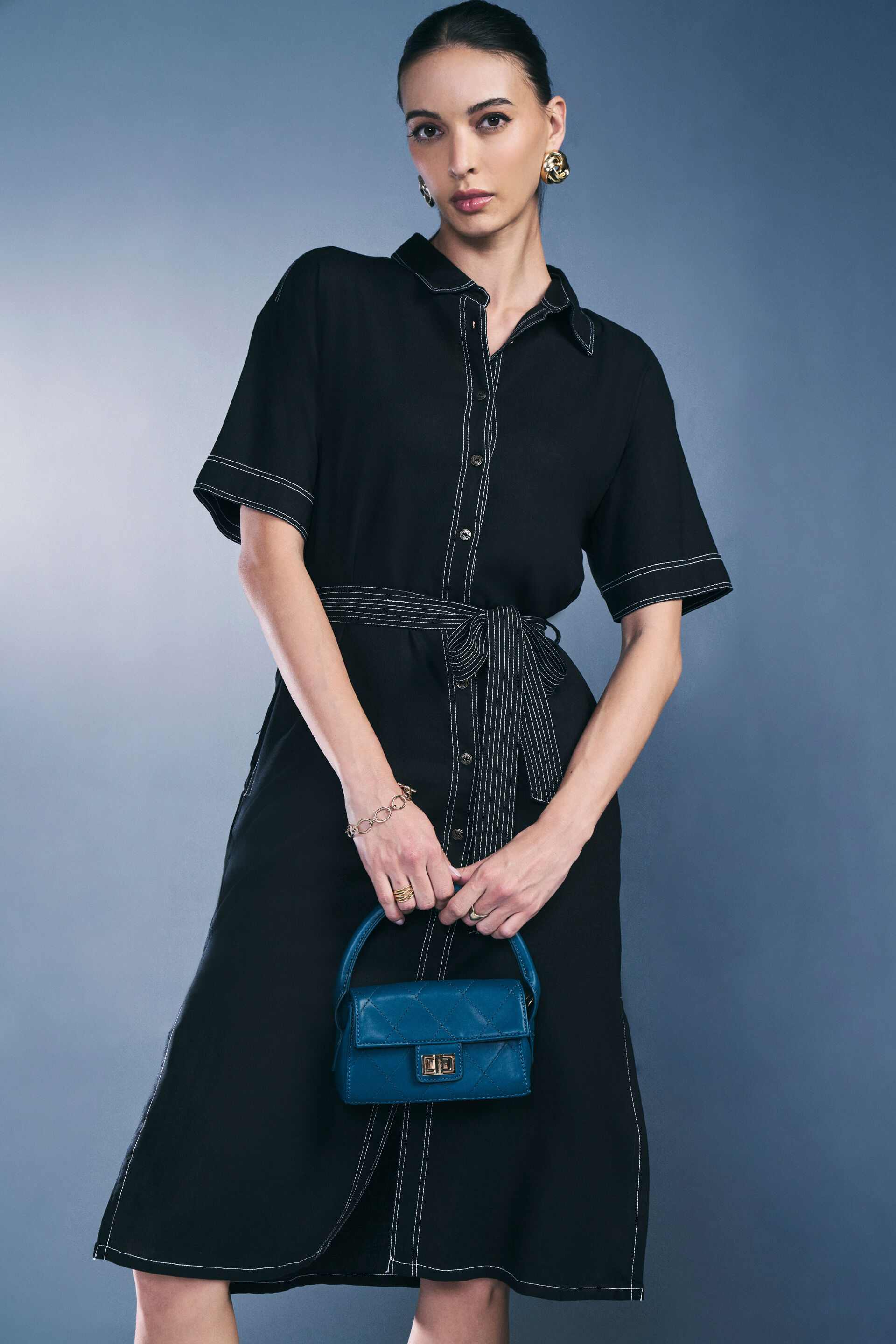 High On Contrast Rayon Dress, Black, image 2