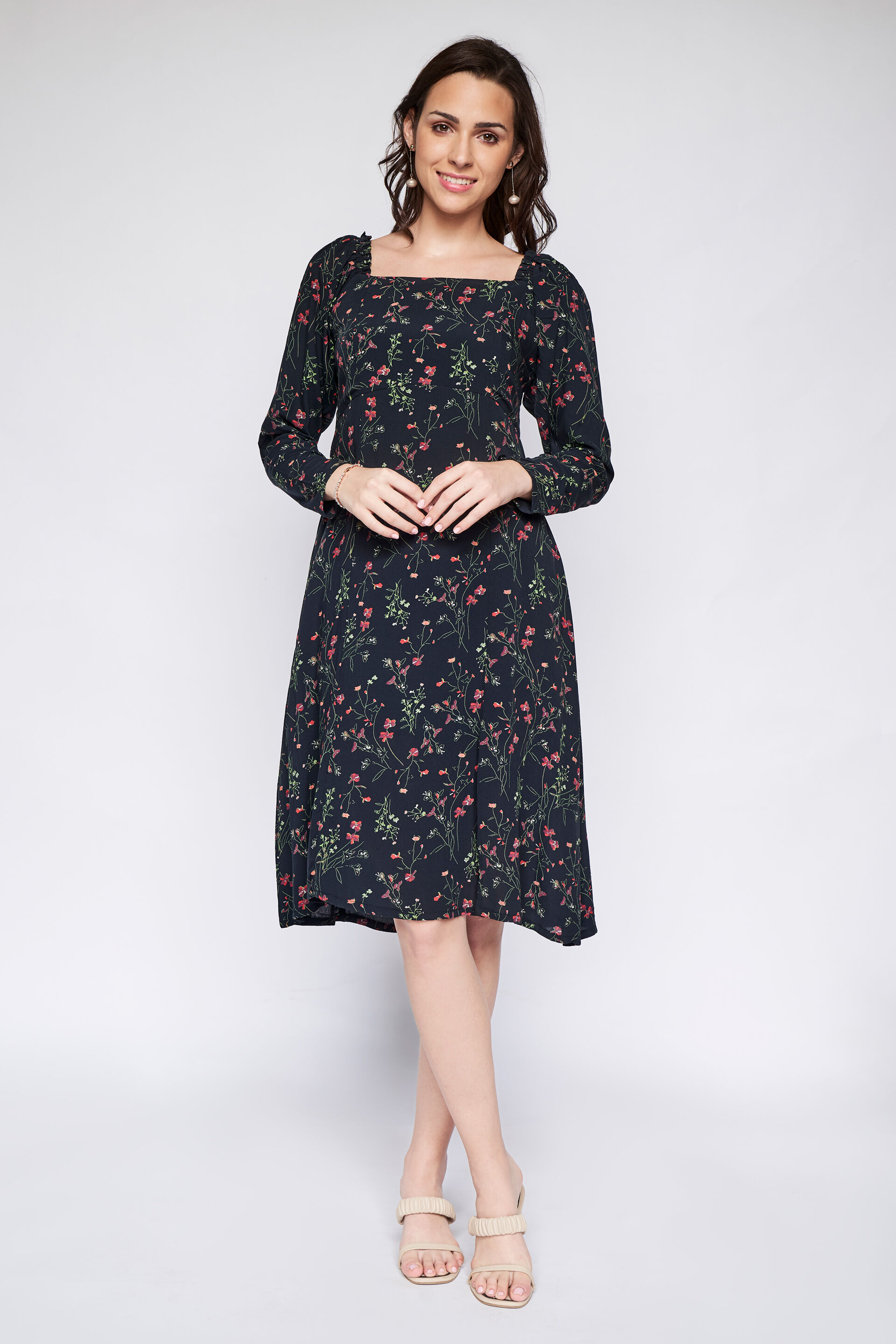 Black Floral Fit and Flare Dress, Black, image 4