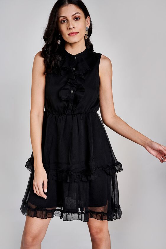 2 - Black Ruffles Band Collar Fit and Flare Short Dress, image 2