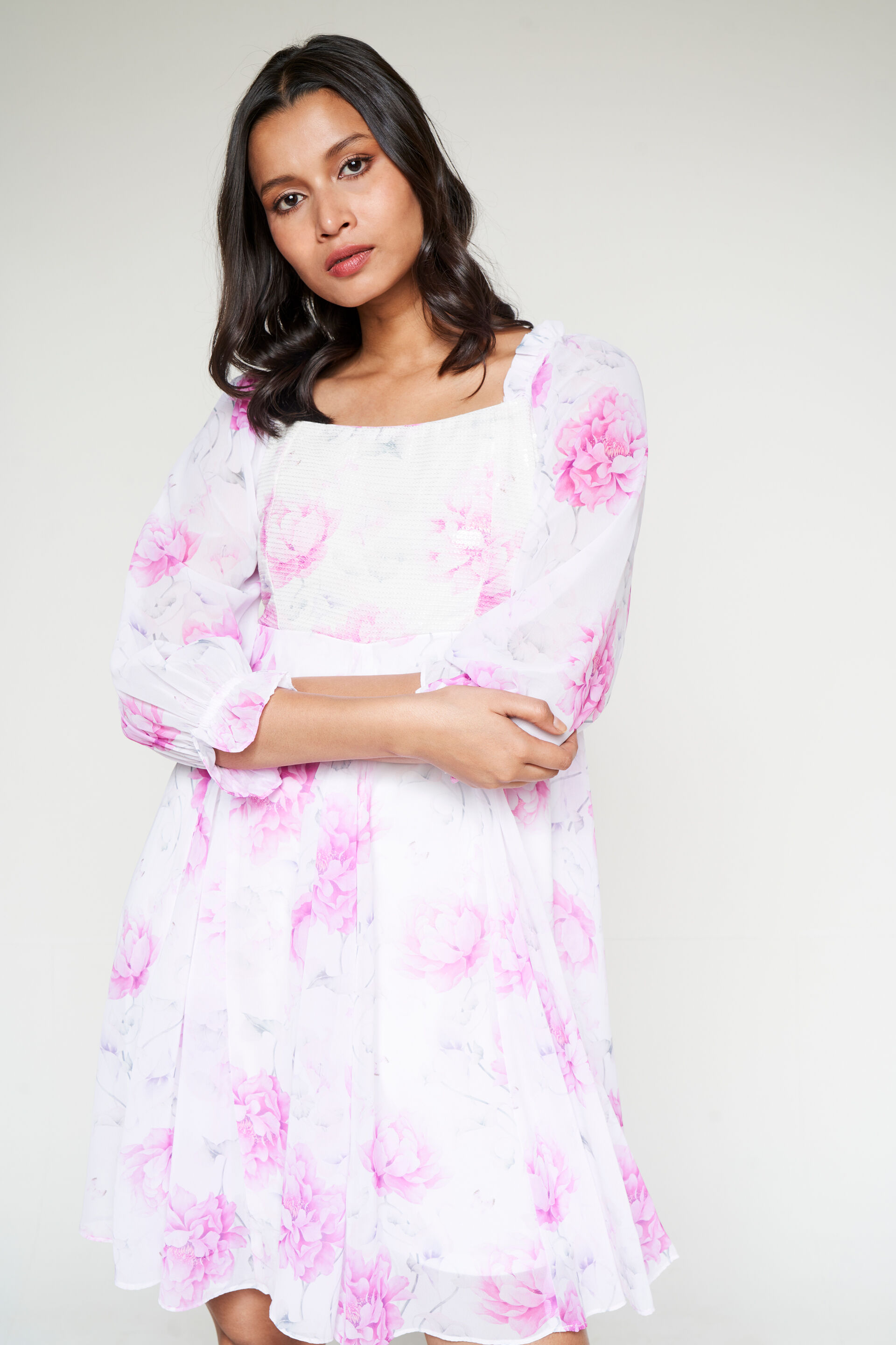 Floral Sequinned Dress, White, image 5