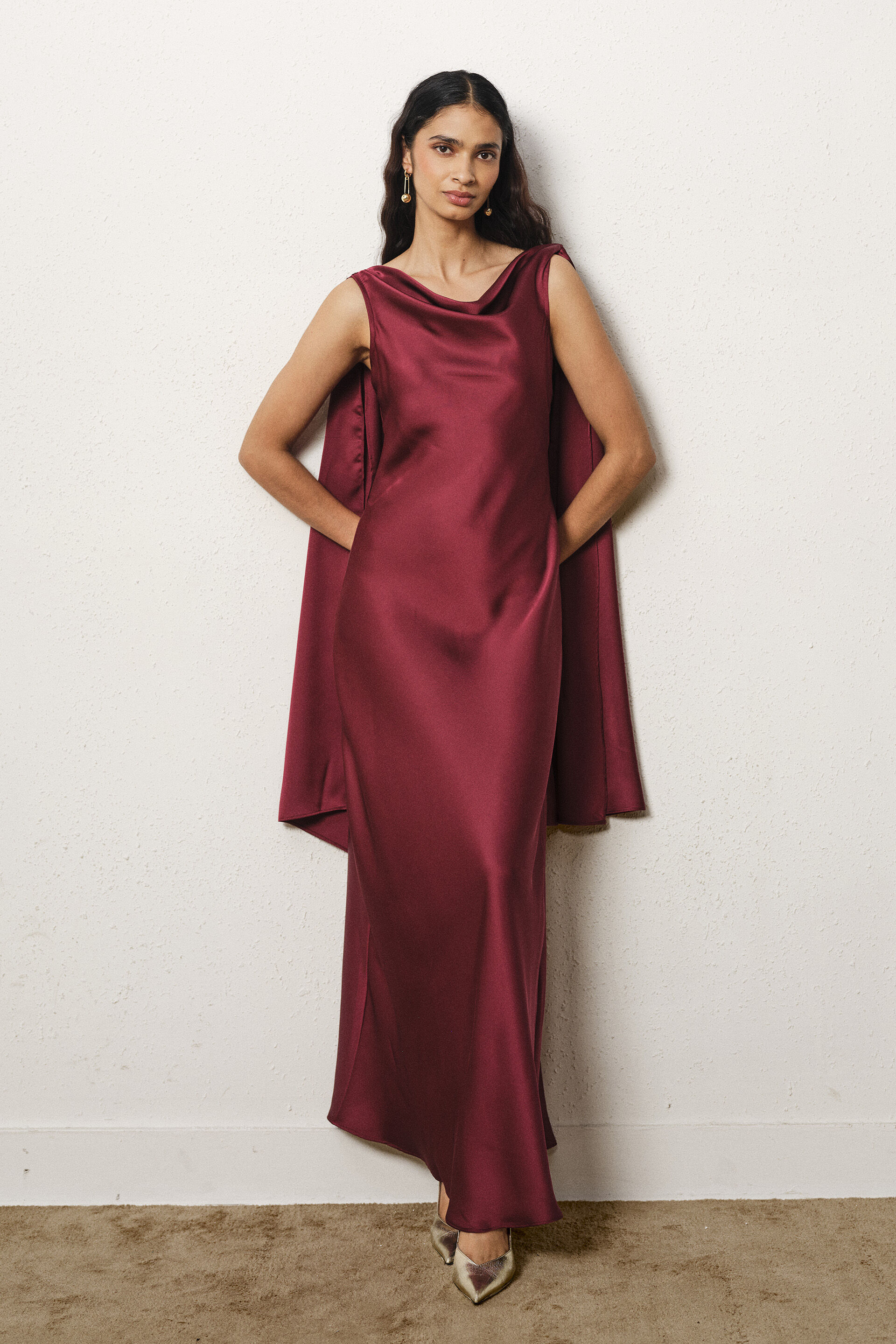 Cowl Maxi Satin Gown in wine, Wine, image 1