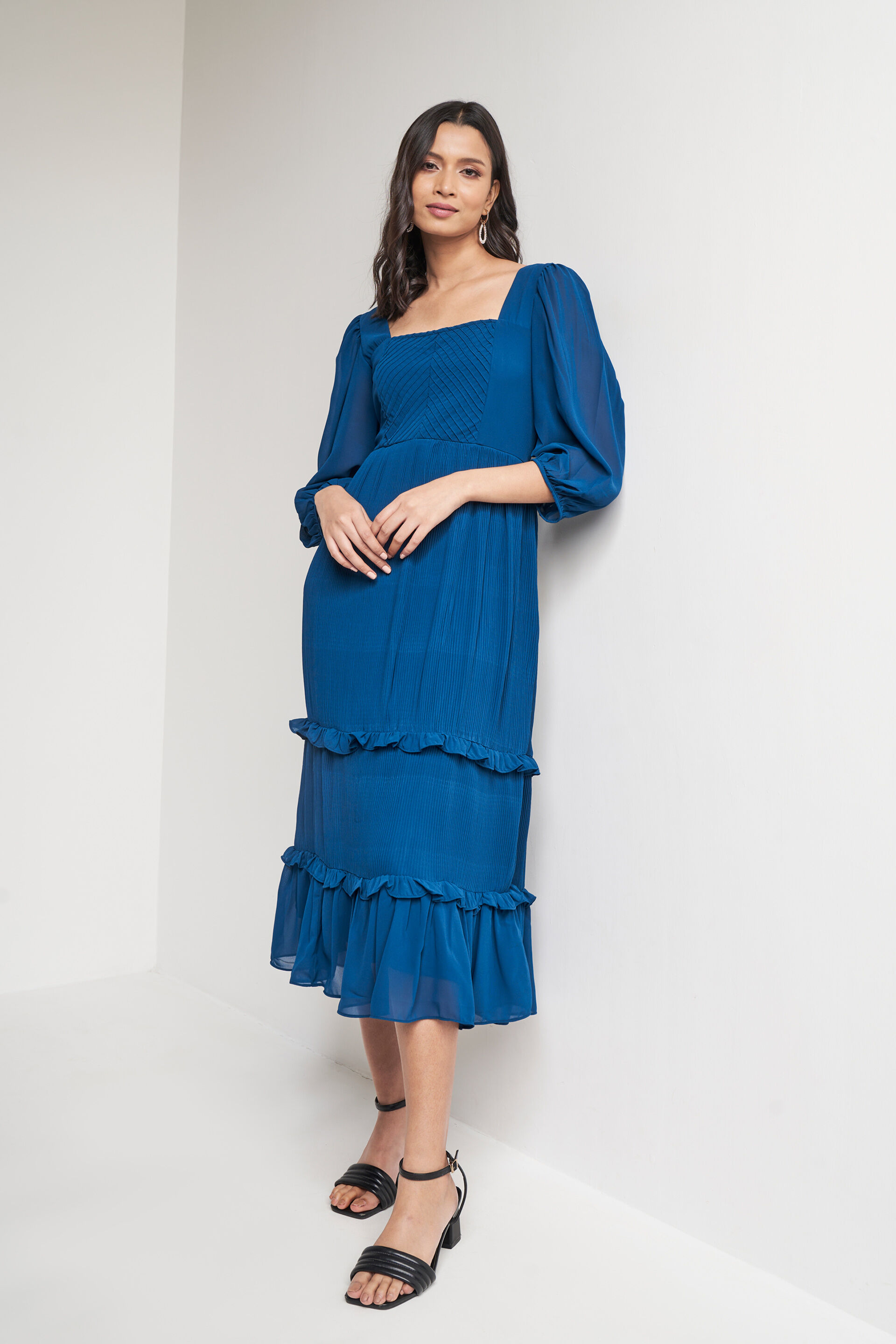 Teal Solid Flared Dress, Teal, image 1