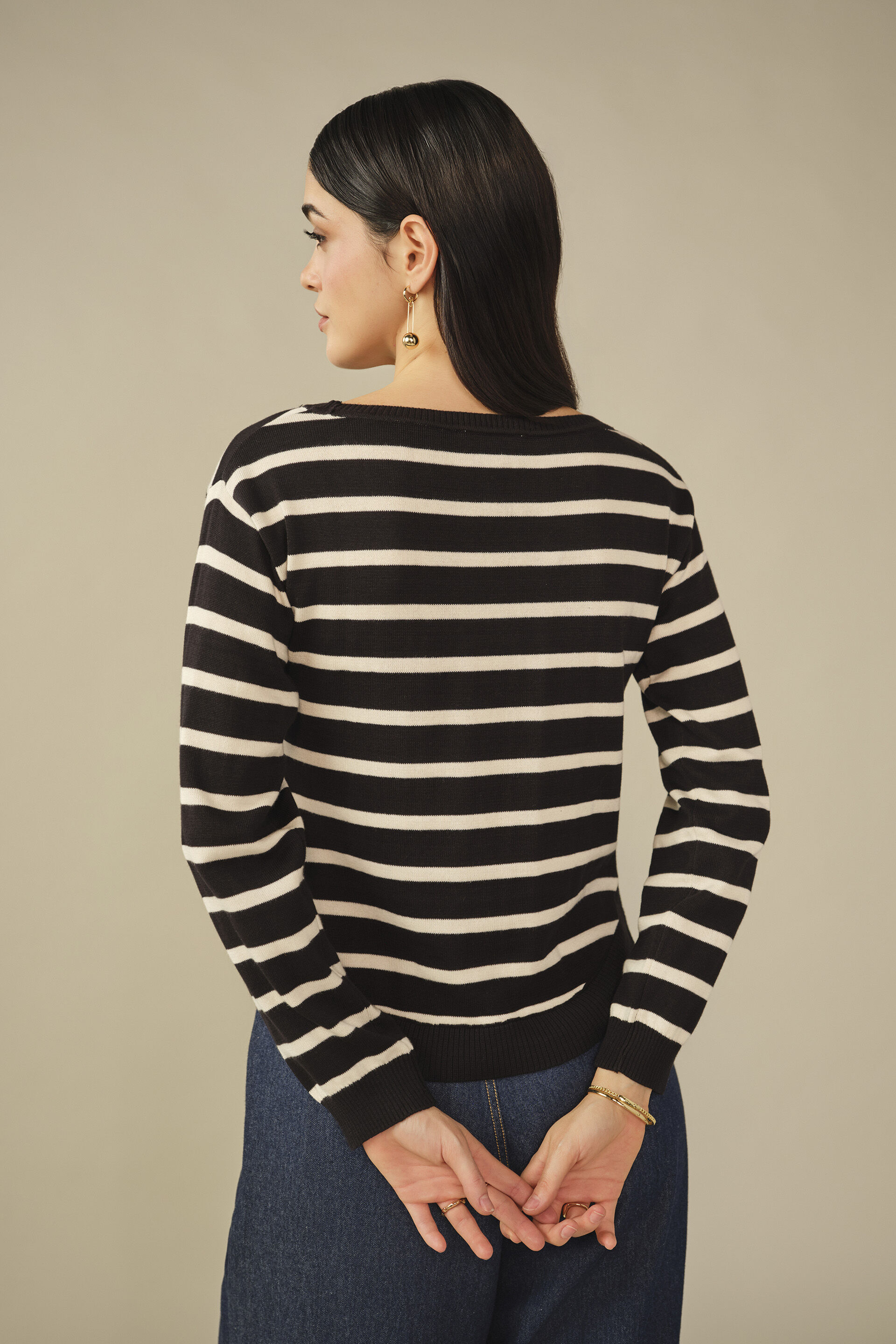 Striped Cotton Pullover in Black, Black, image 6