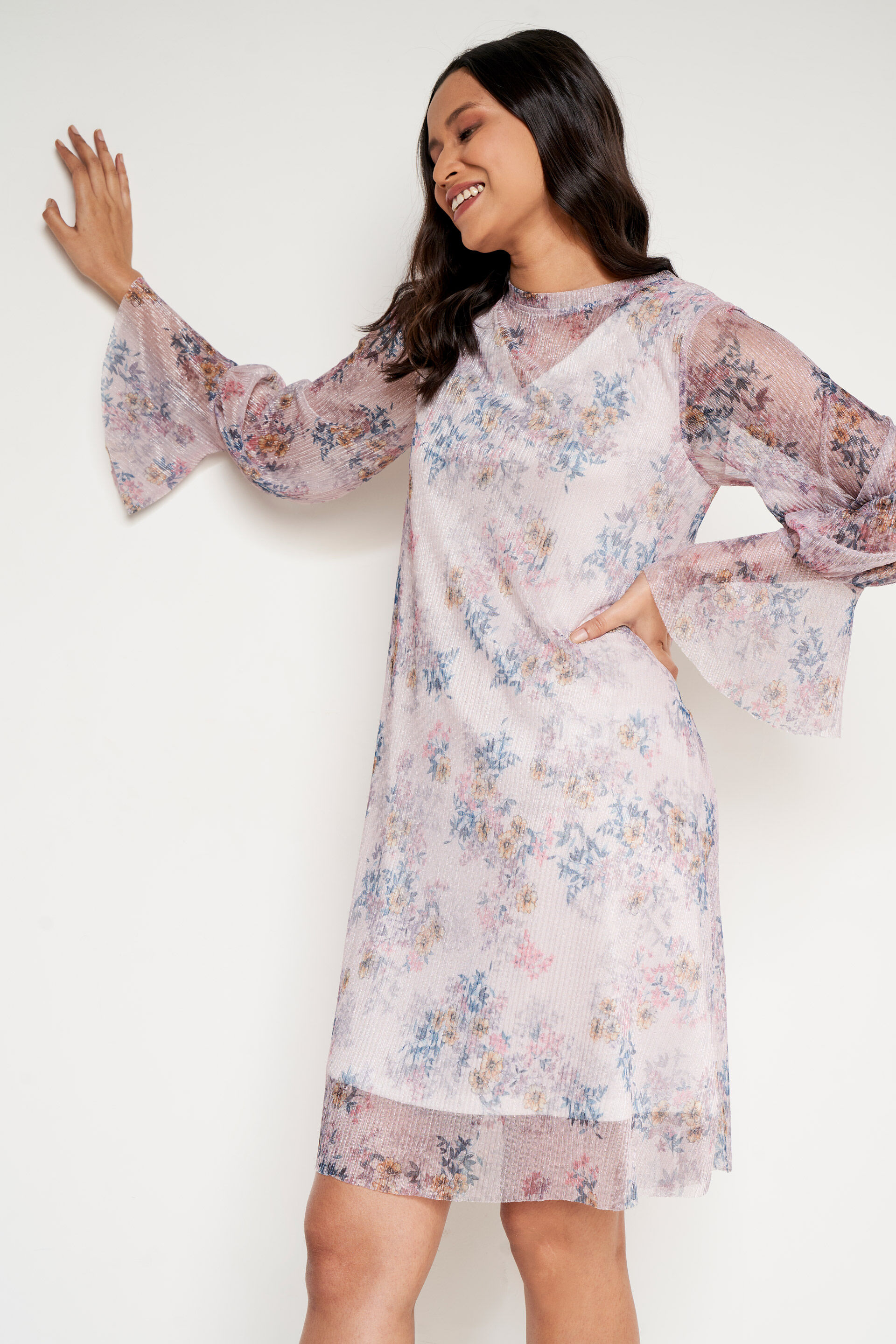 Powder Blue Floral Straight Dress, Powder Blue, image 1