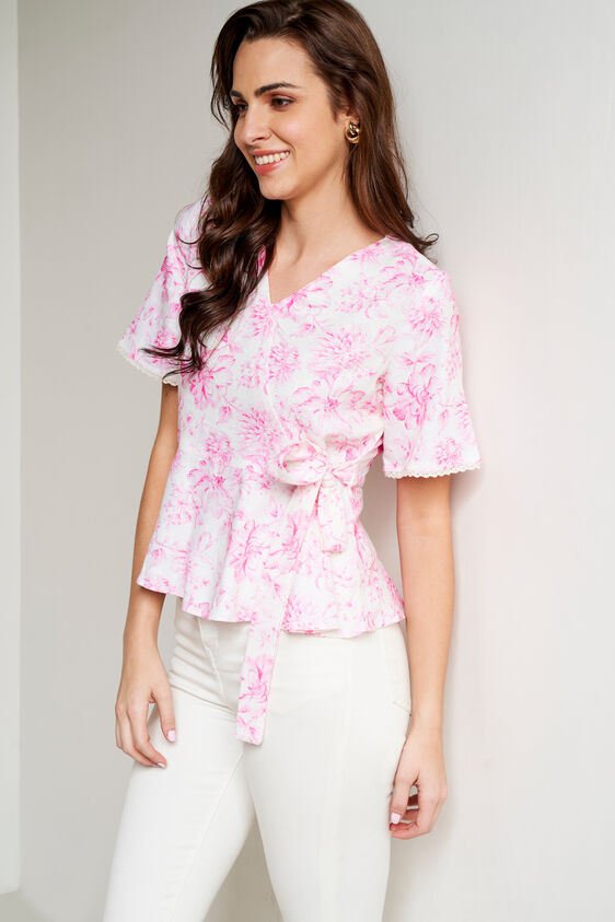 Cream Floral Wrap Top, Cream, image 2