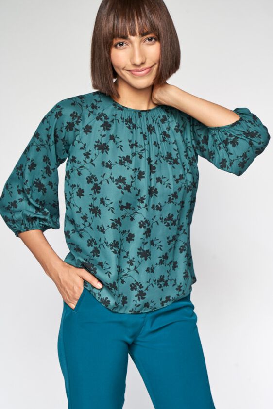 1 - Green Floral Printed Blouson Top, image 1
