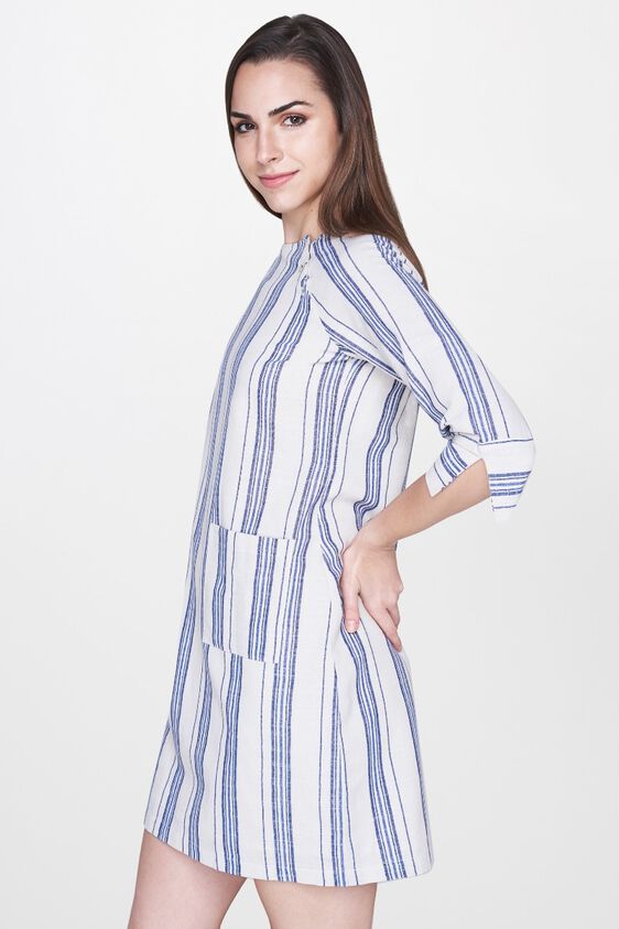 3 - White - Blue Stripes Round Neck A-Line Cuff Dress, image 3