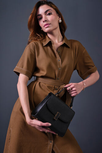 High On Contrast Rayon Dress, Brown, image 9