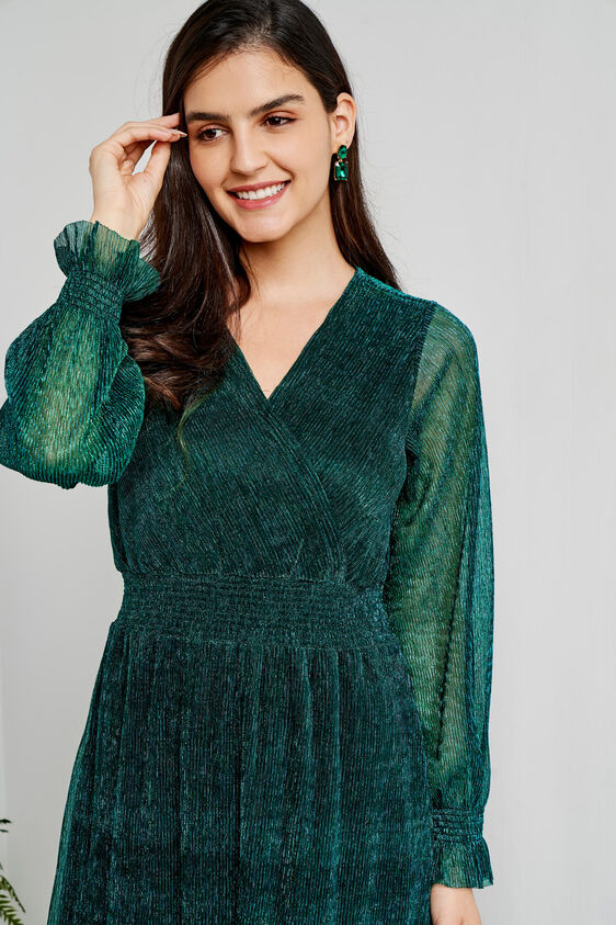 Green Solid Flared Dress, Green, image 3