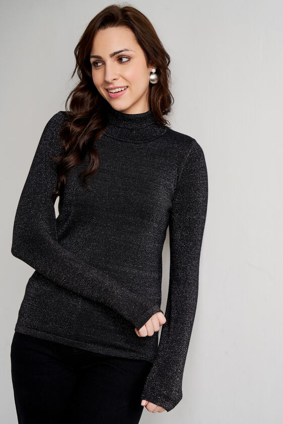 Black Solid Winter Top, Black, image 3