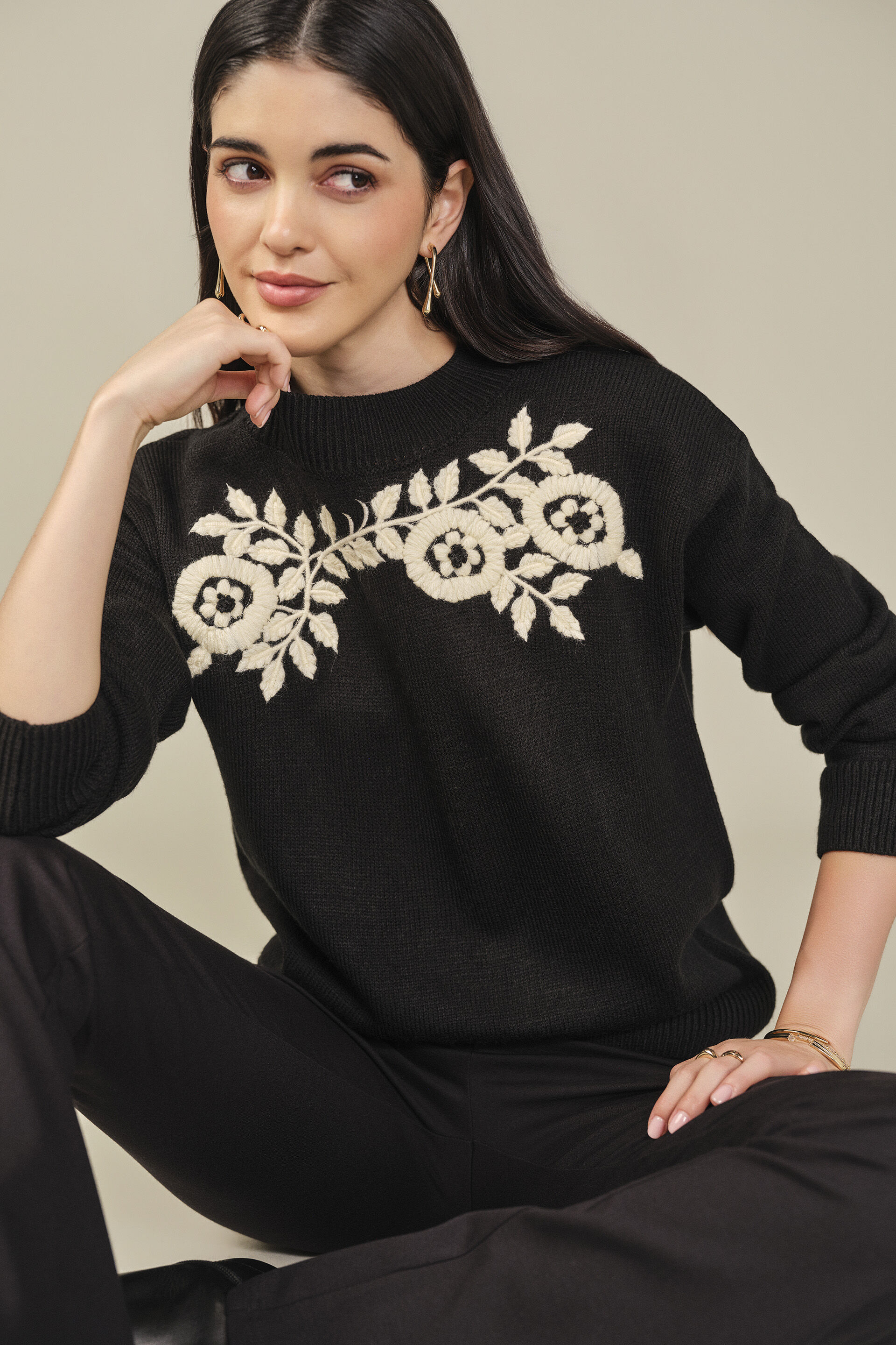 Embroidered Knit Top in Black, Black, image 2