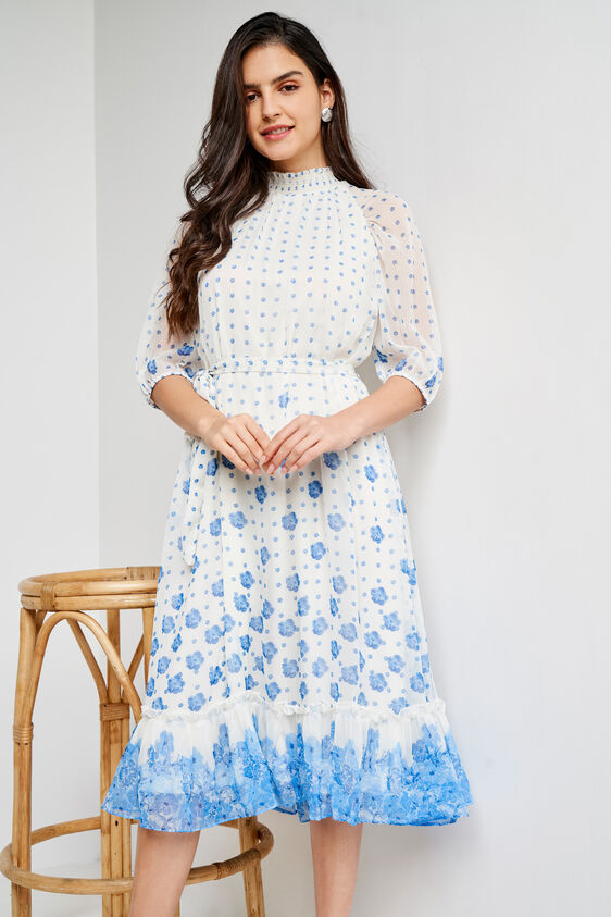 Blue and White Floral Flared Dress, Blue, image 3