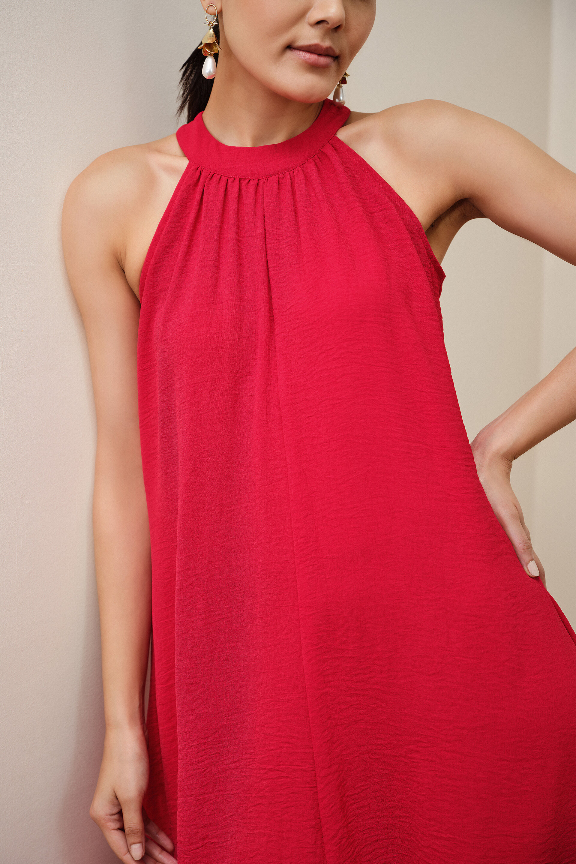 Poppy Red Halter Dress, Red, image 4