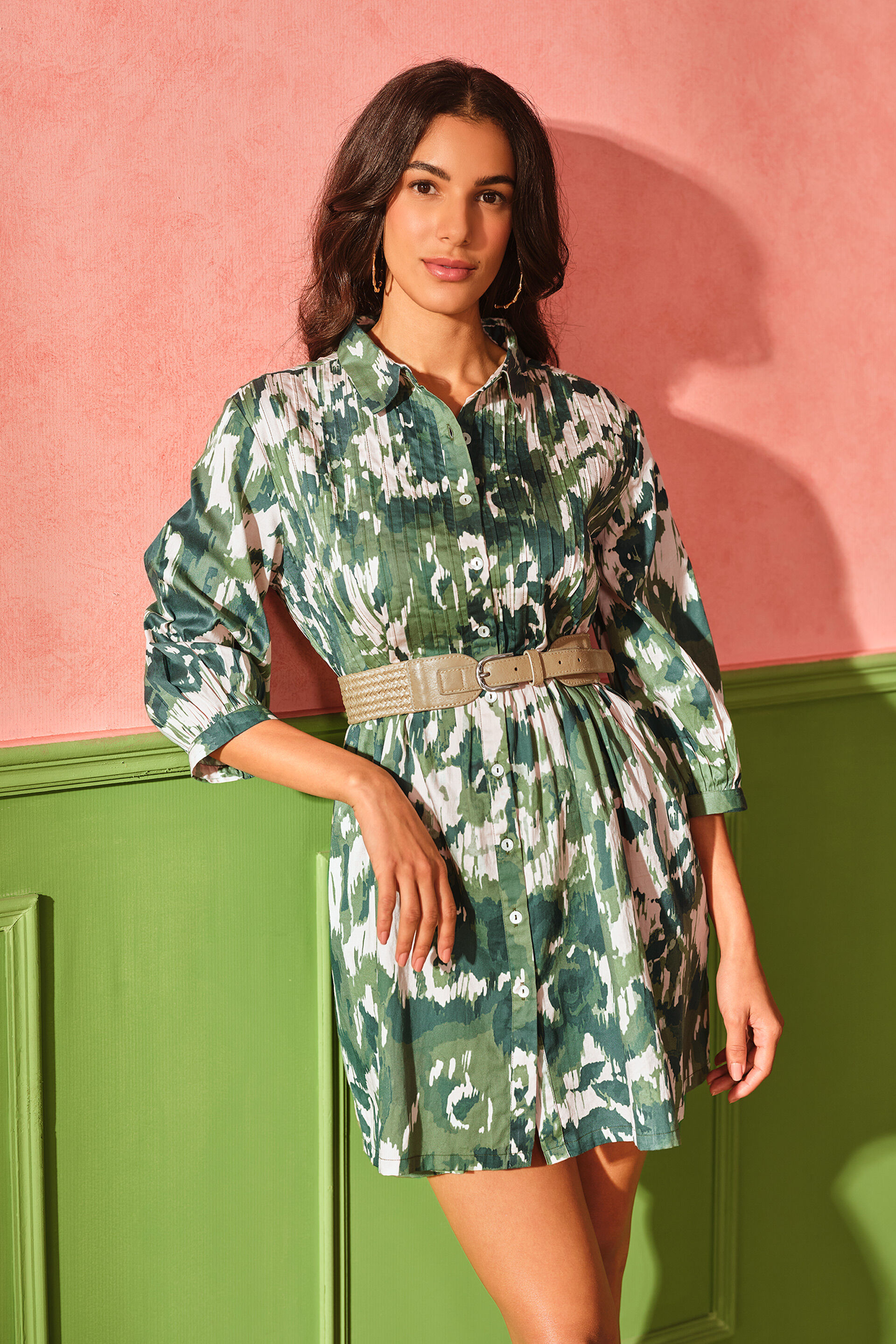 Forest Tapestry Cotton Shirt Dress, Olive, image 4