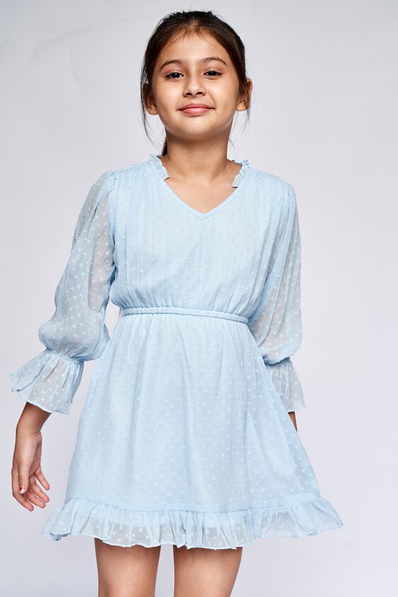 3 - Blue Self Design Flounce Dress, image 3