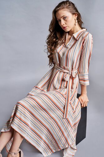 1 - Orange - White Stripes Fit and Flare Dress, image 1