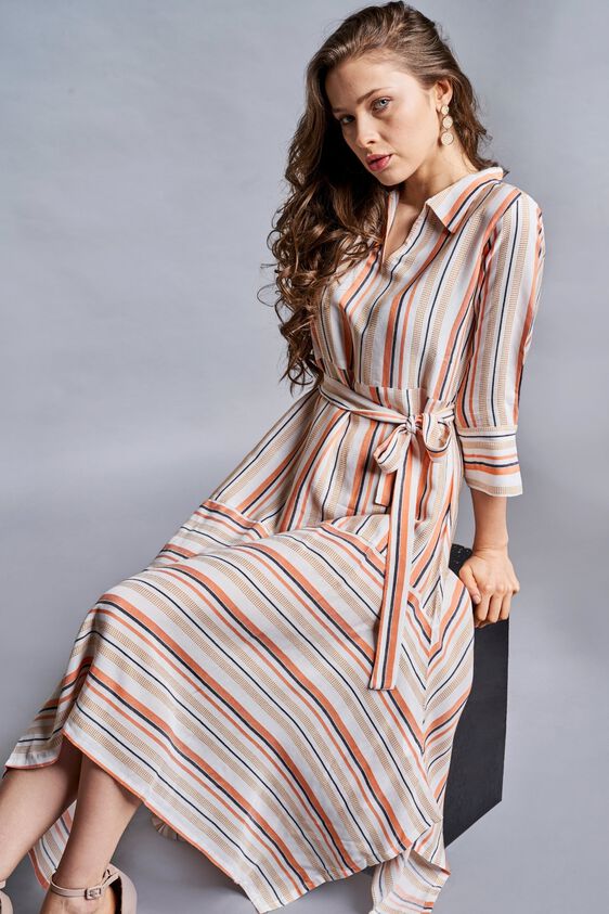 1 - Orange - White Stripes Fit and Flare Dress, image 1