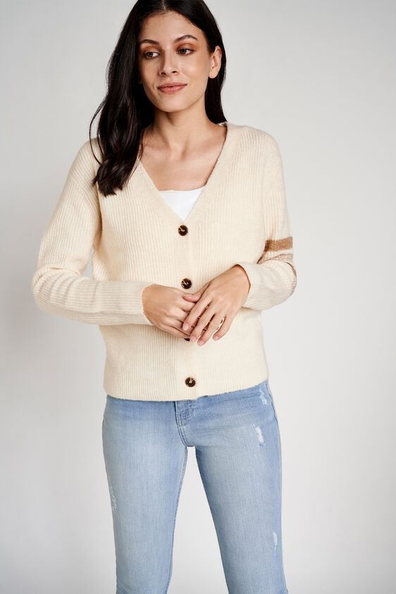 1 - Cream Stripes V-Neck Sweater Shrug, image 1