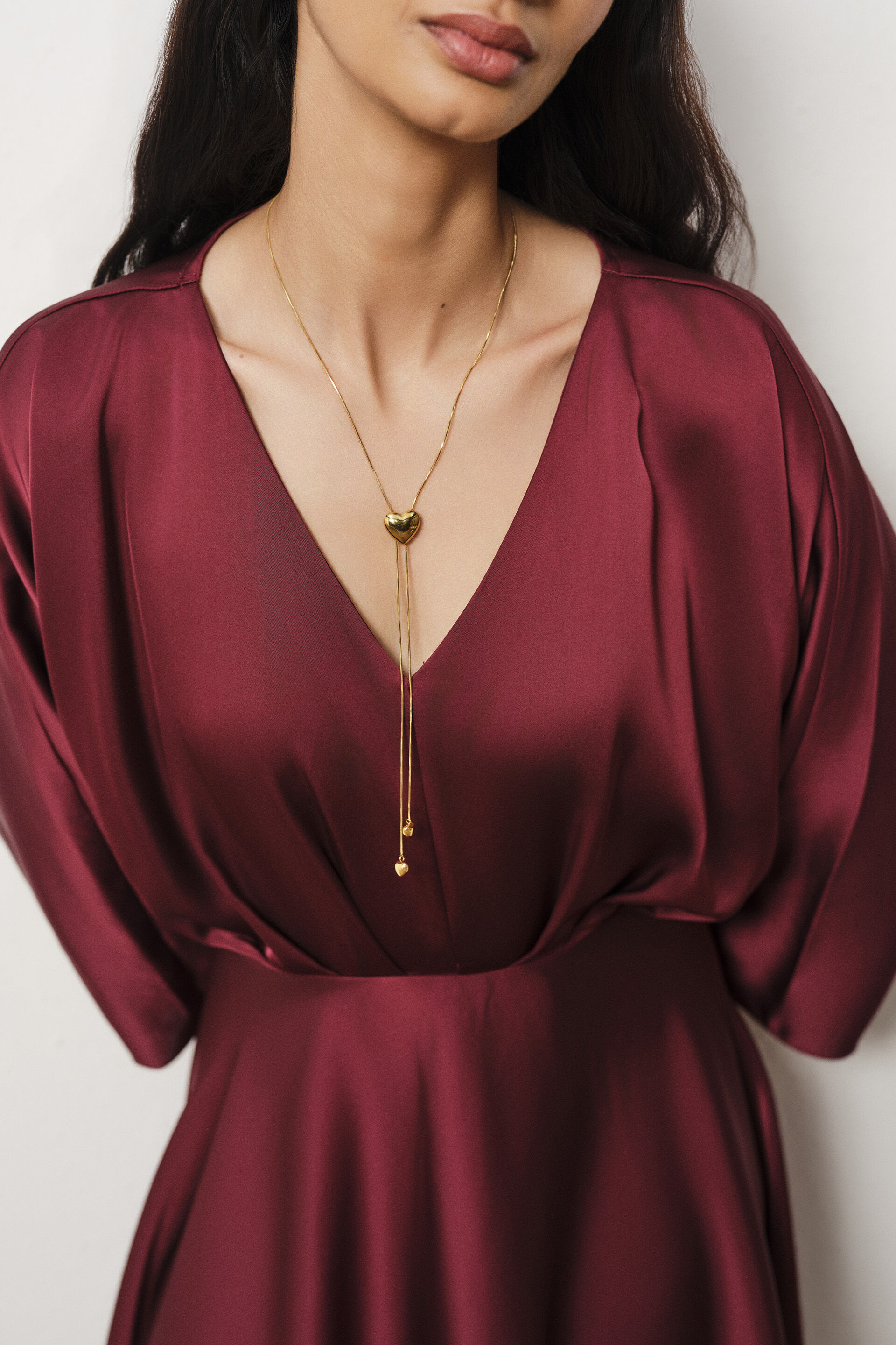 Flutter Sleeves Satin Dress in Wine, Wine, image 2