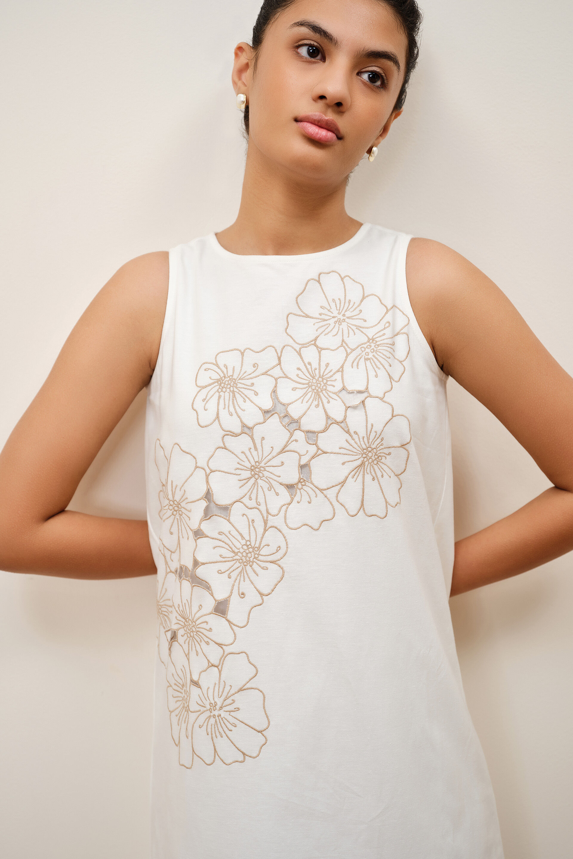 White Embroidered Shift Dress, White, image 4
