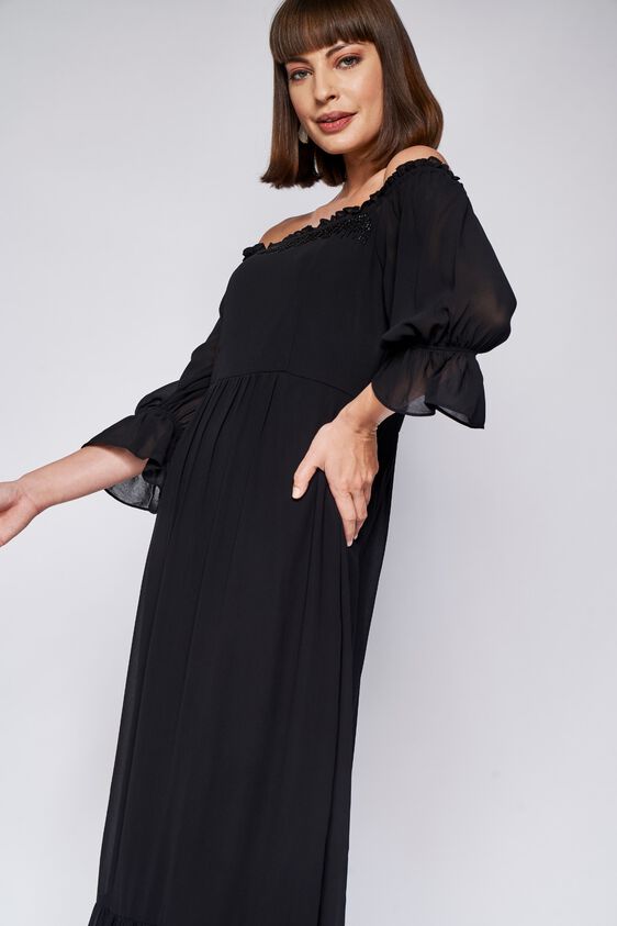 Black Solid Fit and Flare Gown, Black, image 2