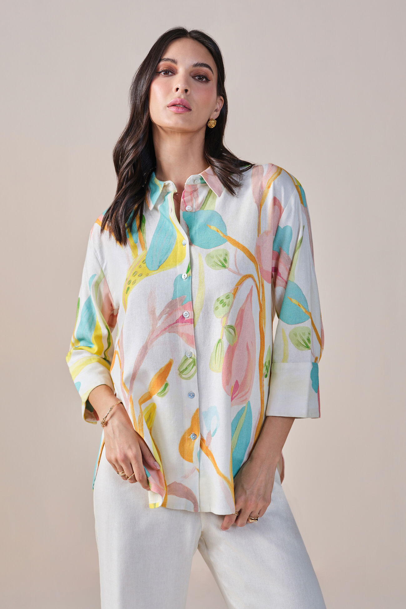 A Floral Summer Viscose Linen Blend Shirt, Multi Color, image 1