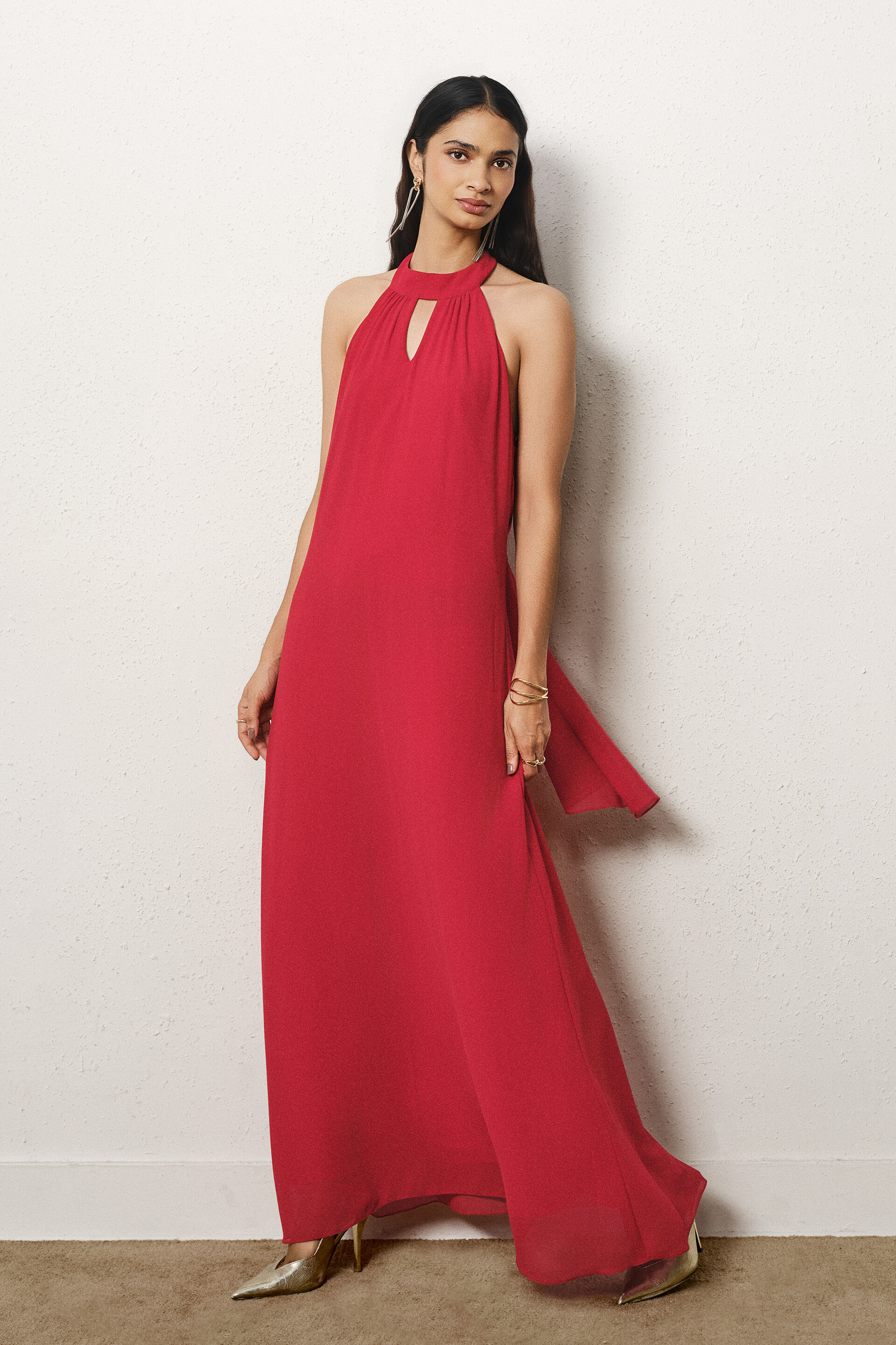Halter Neck A-line Maxi Dress in Red, Red, image 3