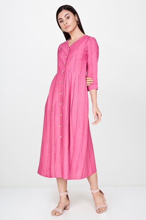 3 - Pink V-Neck Fit and Flare Midi Dress, image 3