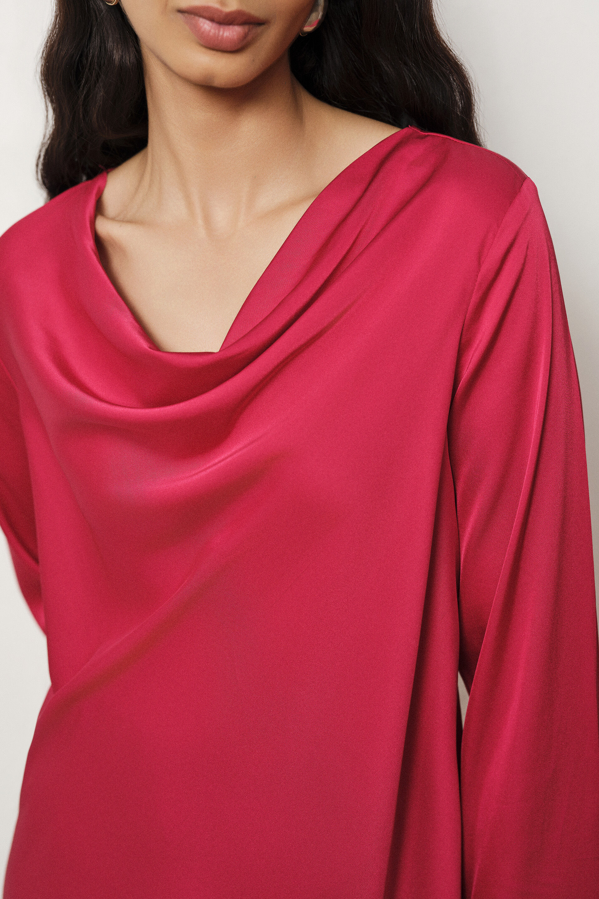 Cowl Satin Top in Red, Red, image 2