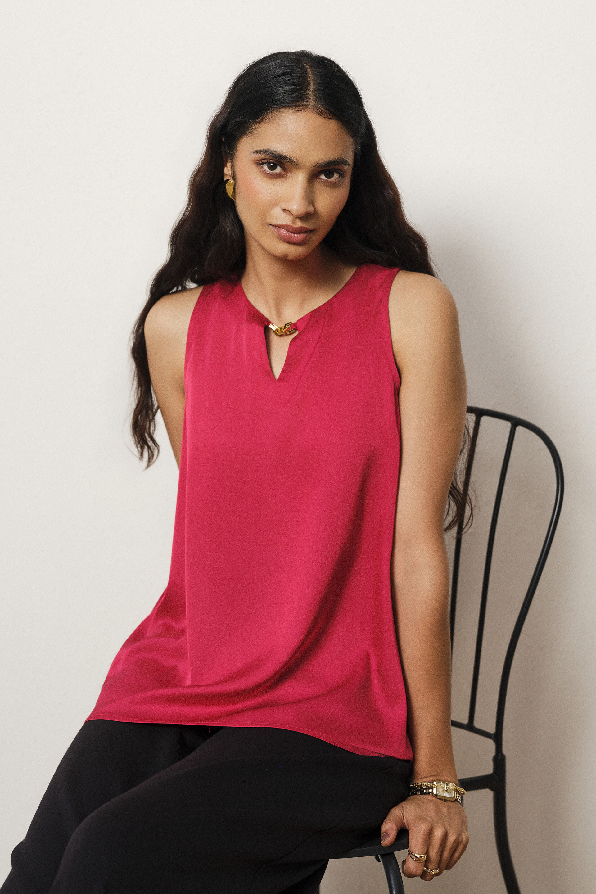 Sleeveless Satin Top in Red, Red, image 4