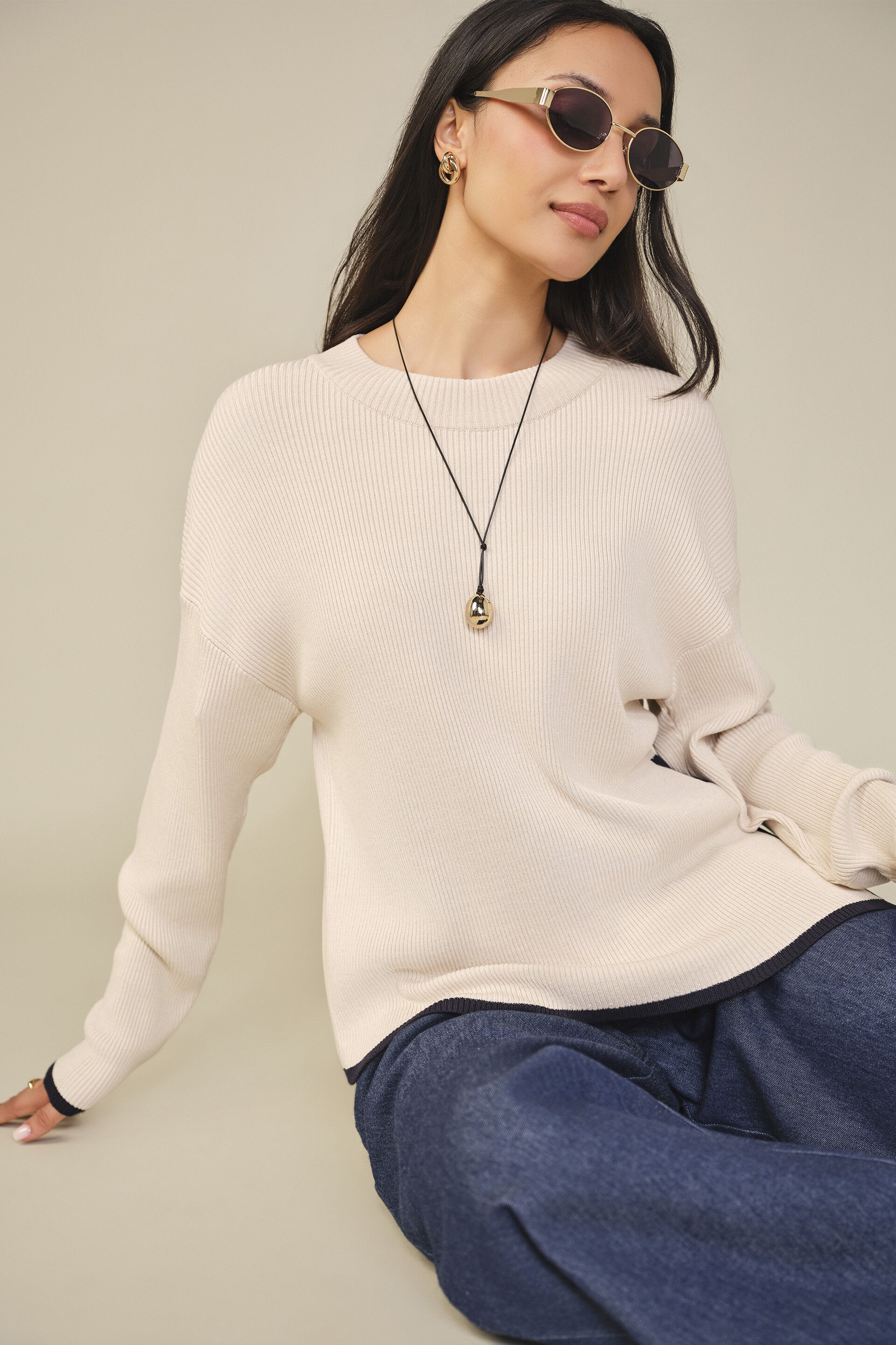 Solid Knit Pullover in Beige, Beige, image 5