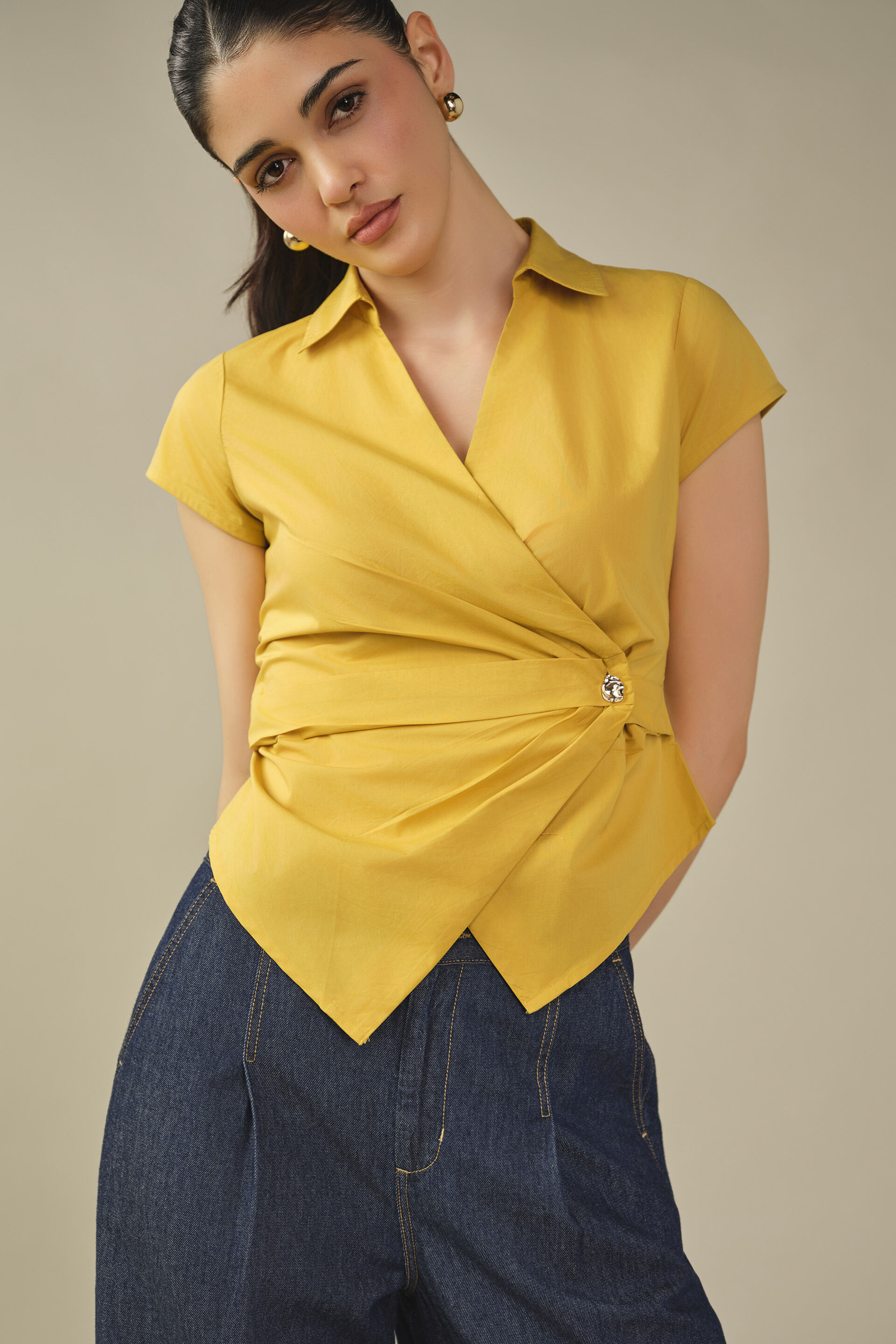 Wrap Cotton Top in Yellow, Mustard, image 3