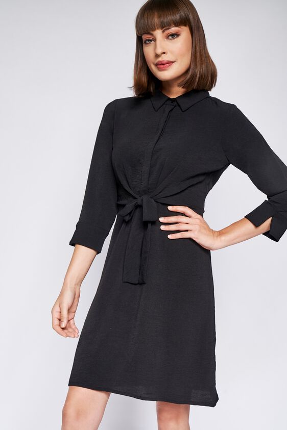 Black Solid Straight Dress, Black, image 2