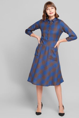 1 - Brown - Blue Checks Fit and Flare Knee Length Dress, image 1