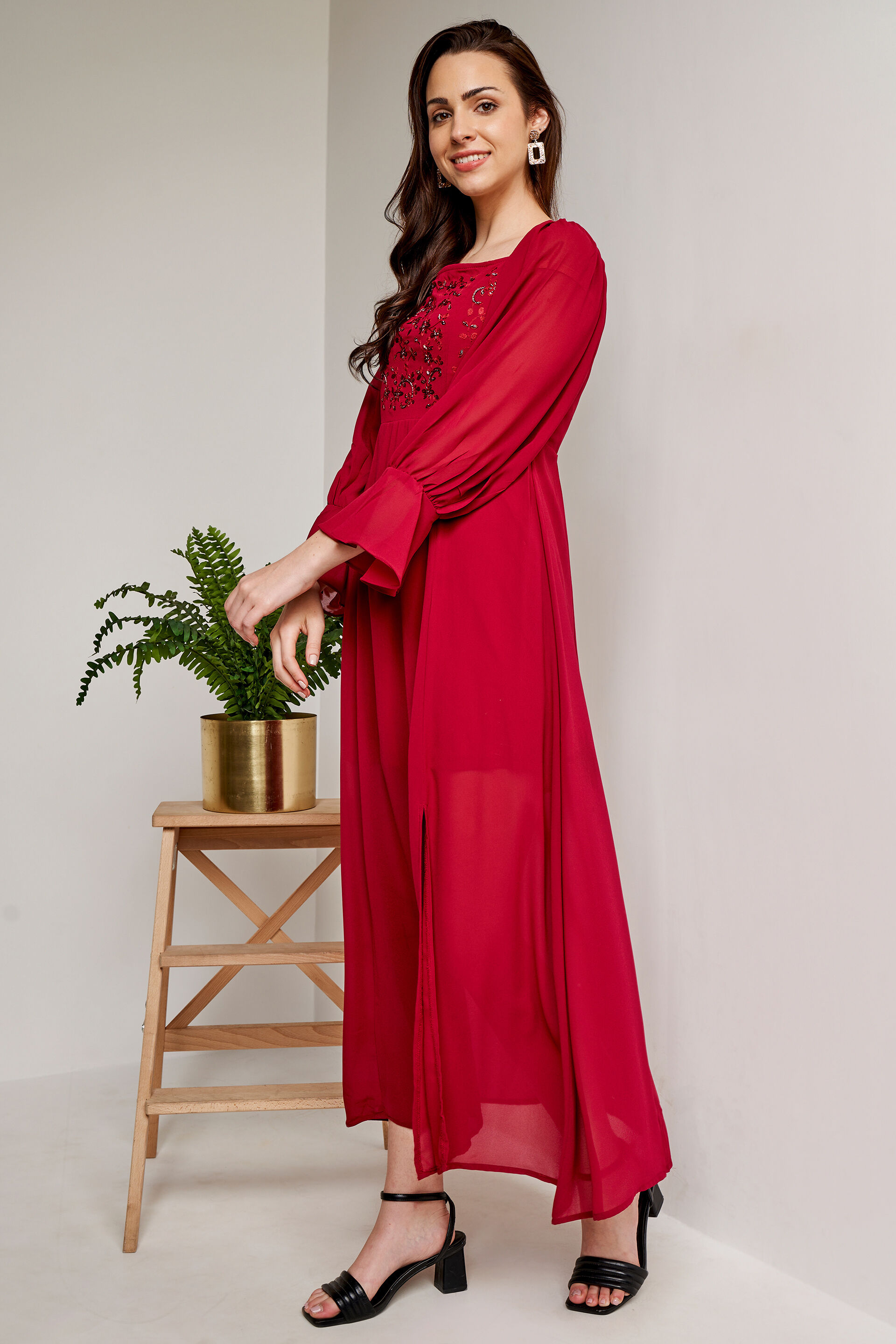 Red Floral Fit and Flare Gown