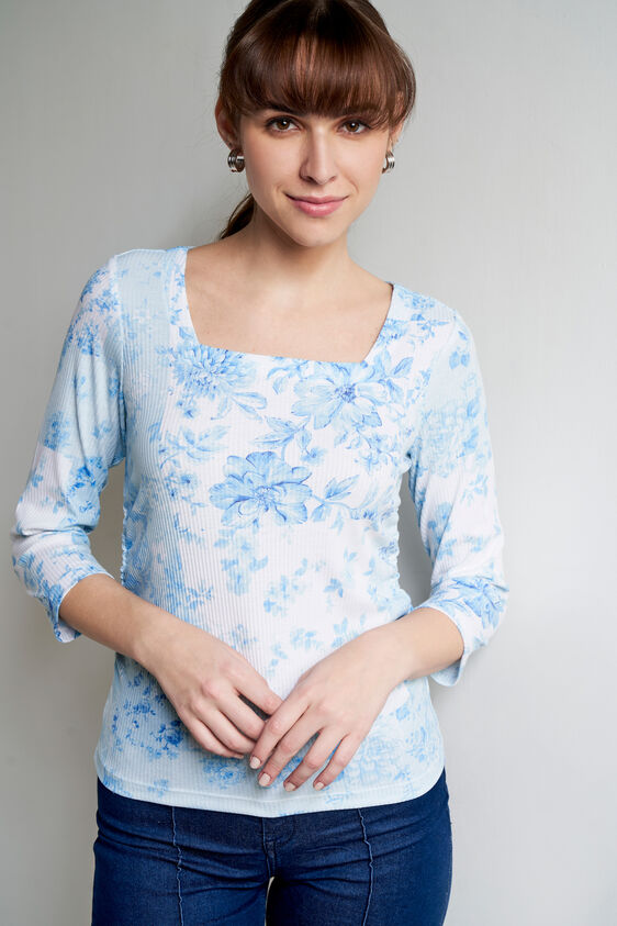 Cream And Blue Floral Curved Top, Cream, image 1