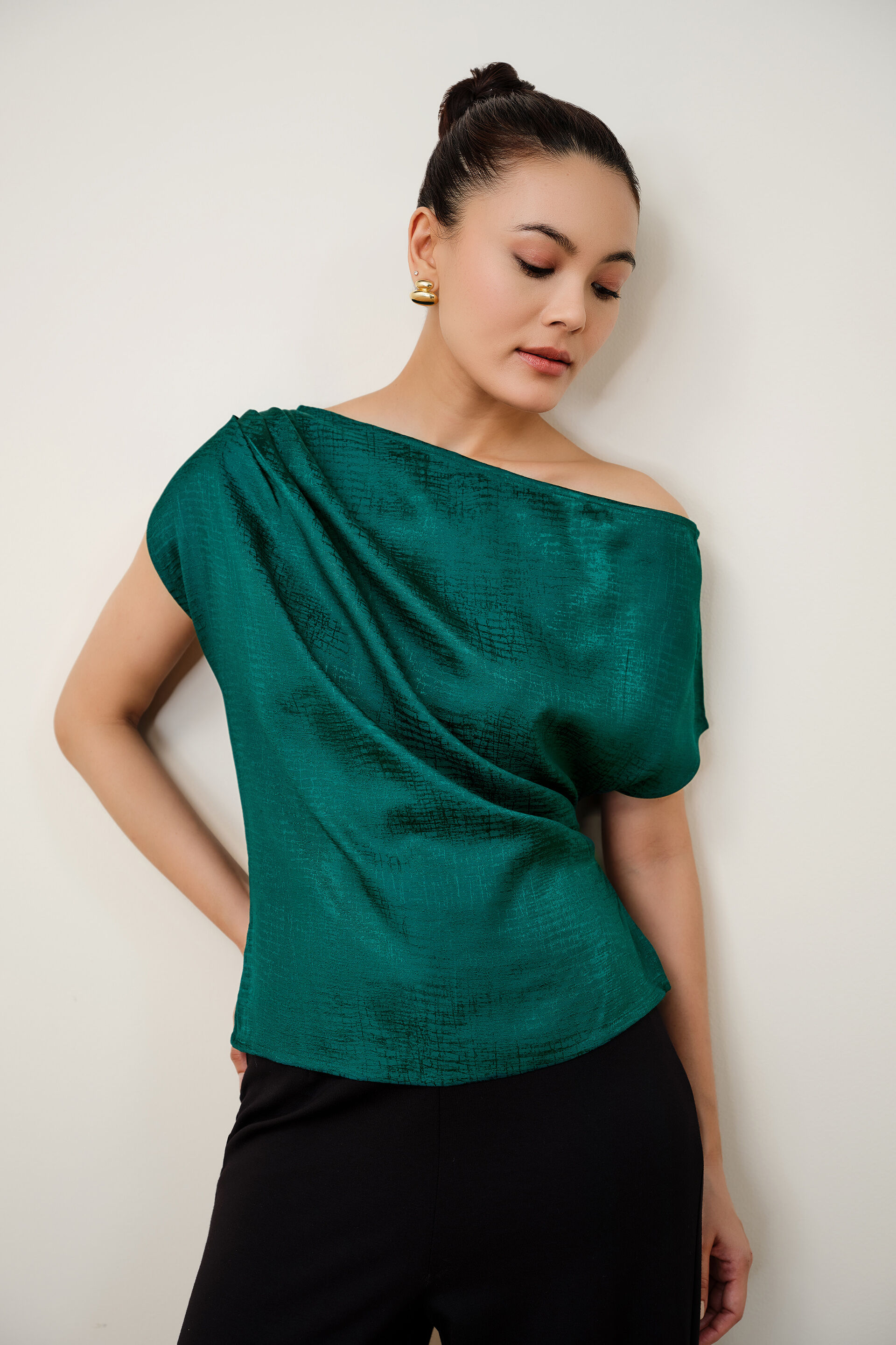 Cerys Emerald Green Jacquard Top, Green, image 2