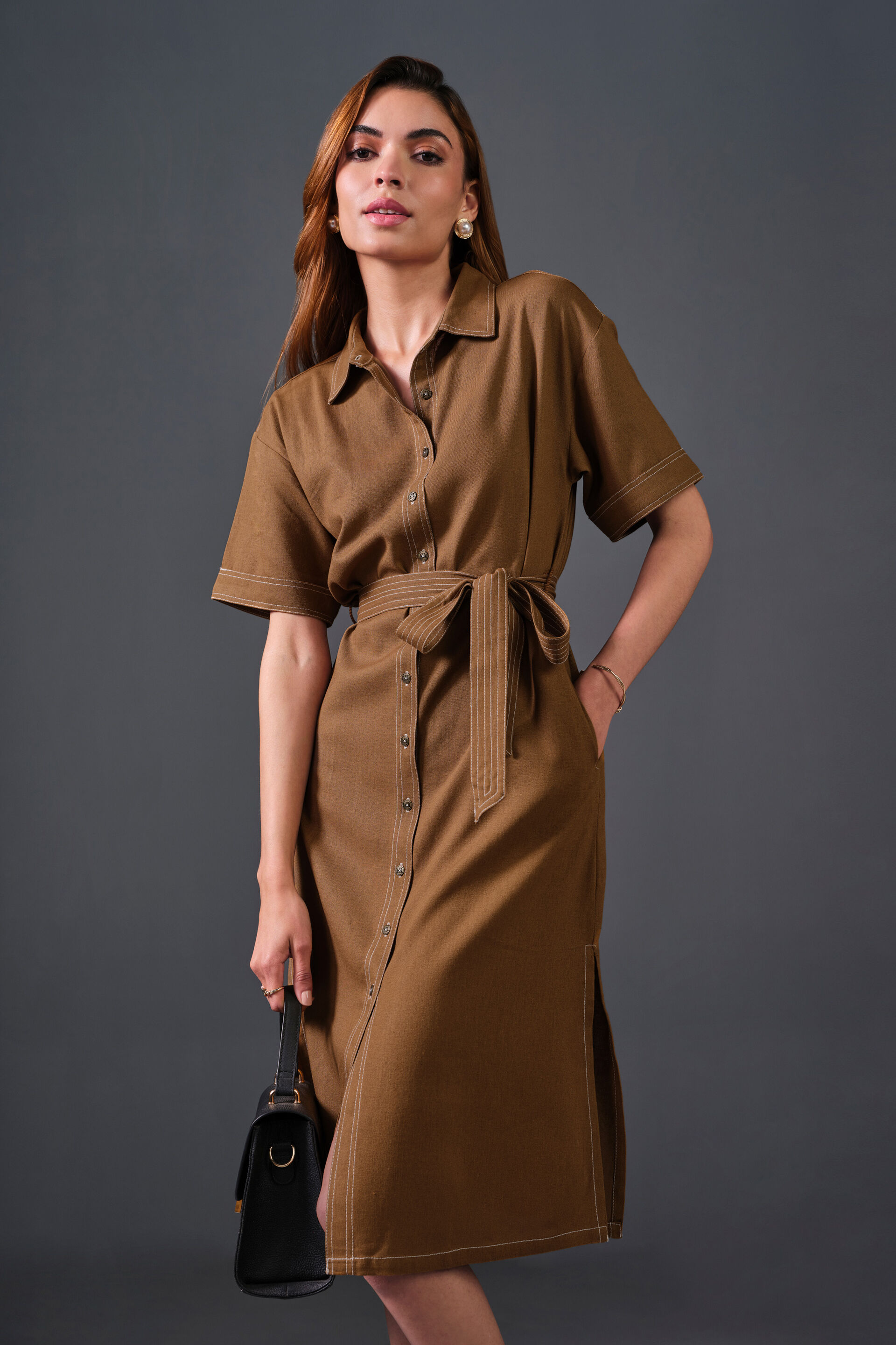 High On Contrast Rayon Dress, Brown, image 2