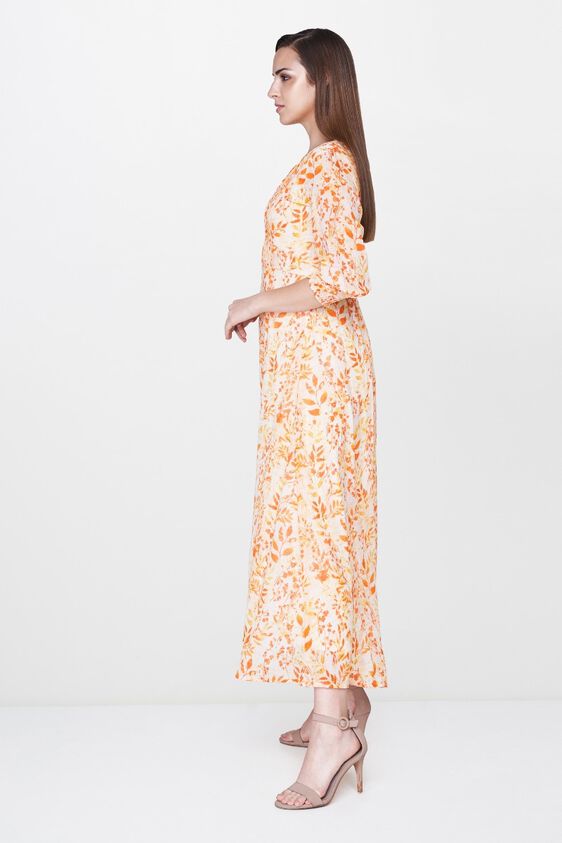 3 - Orange - White Floral Ruffles Puff Sleeves Maxi Gown, image 3