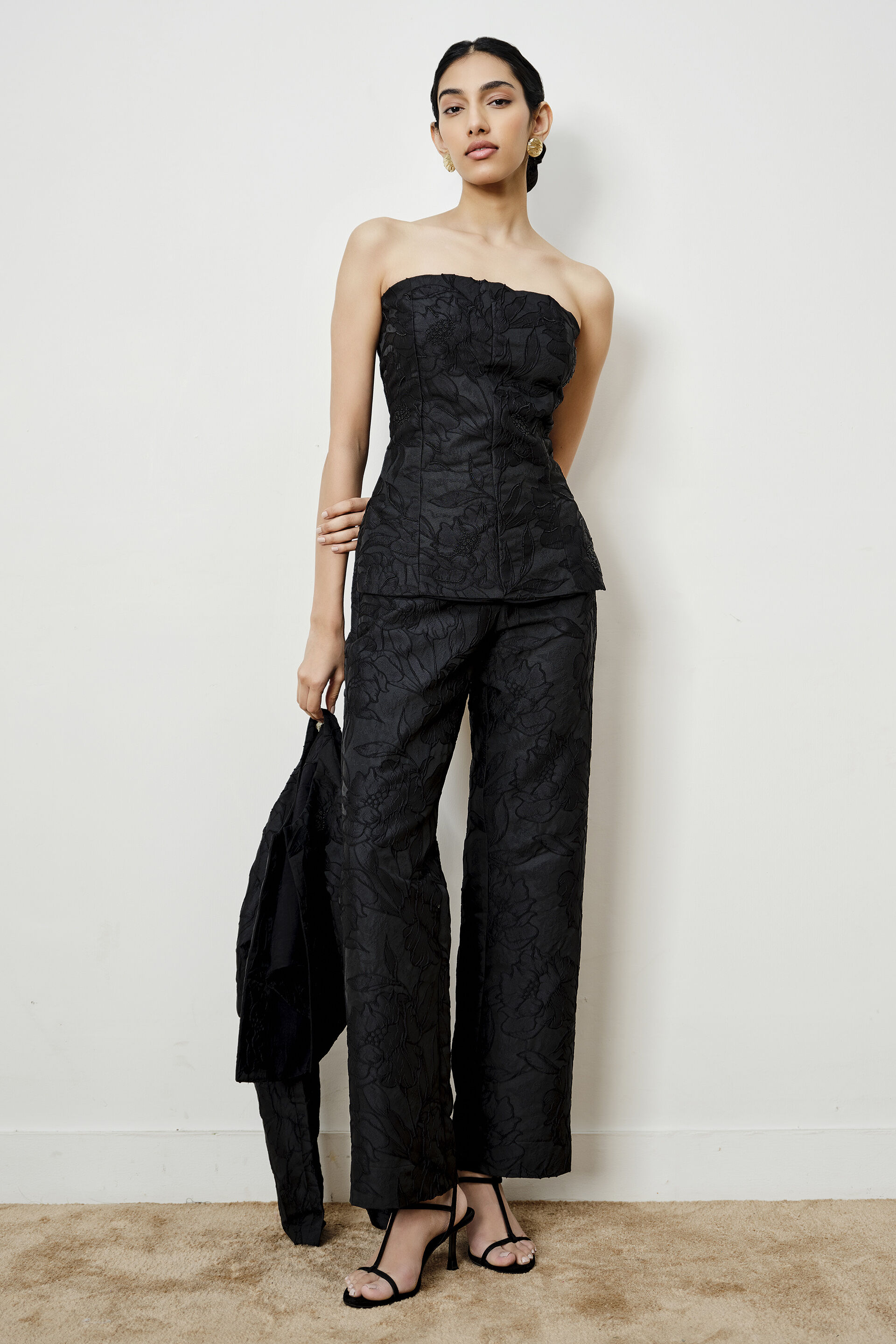 Black Beaded Jacquard Co-ord Set, Black, image 2